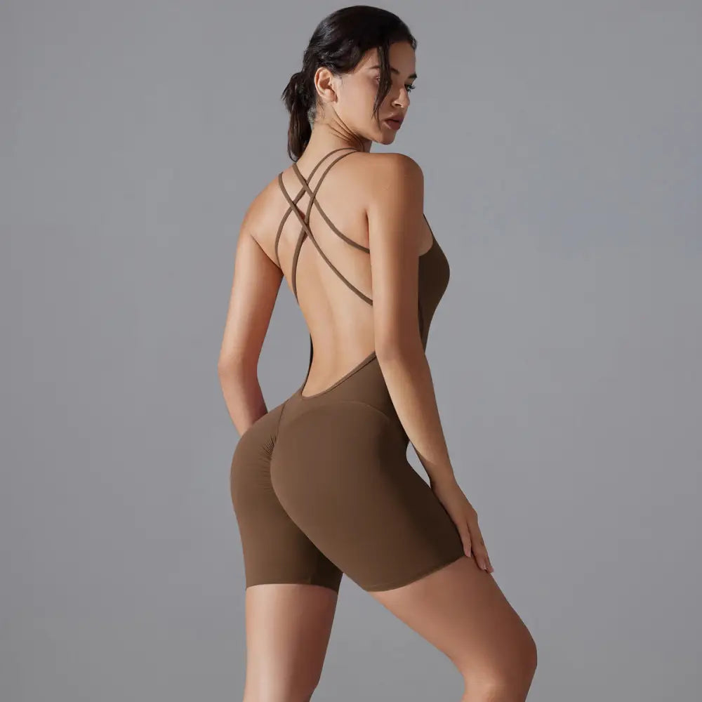 Gym Sexy Shaping Yoga Fitting Sports Back Romper - S / Chestnut - Activewear