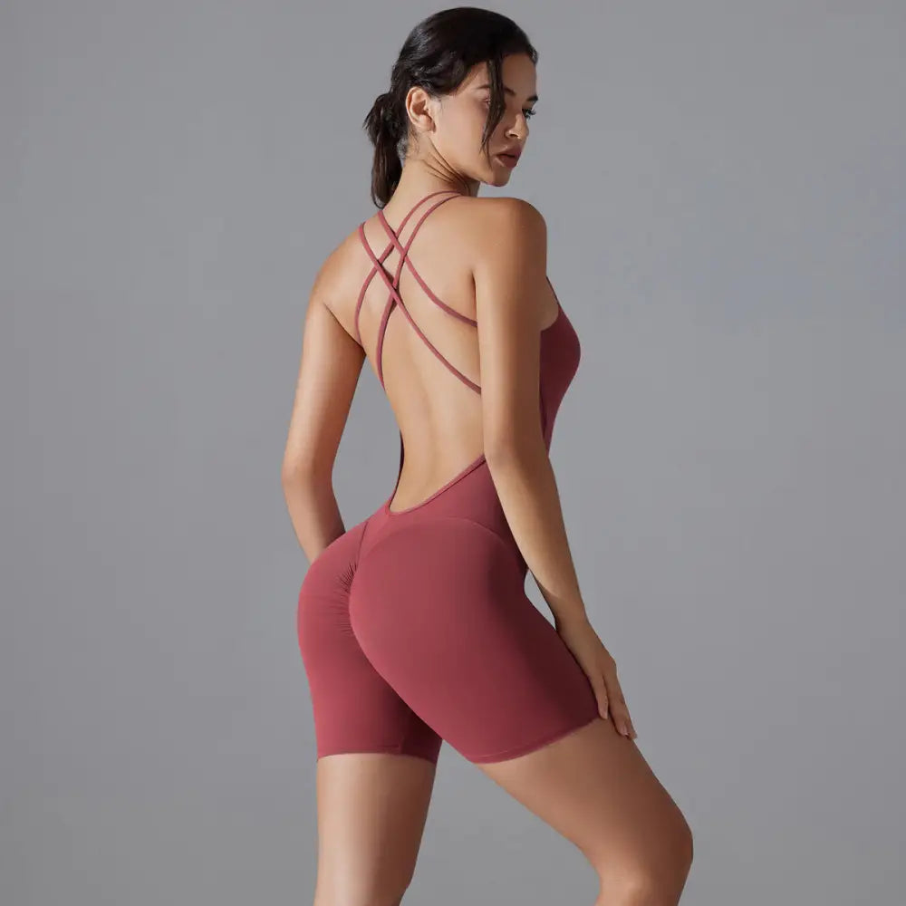 Gym Sexy Shaping Yoga Fitting Sports Back Romper - S / Wine Red - Activewear