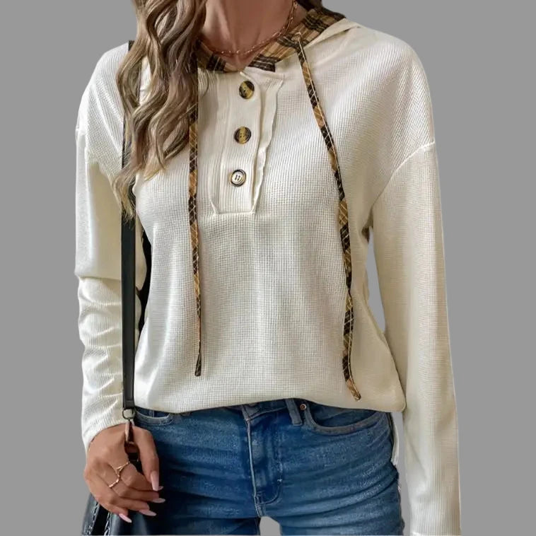Half Button Stitching Plaid Long Sleeve Hoodie - S / Apricot - Sweatshirts & Hoodies