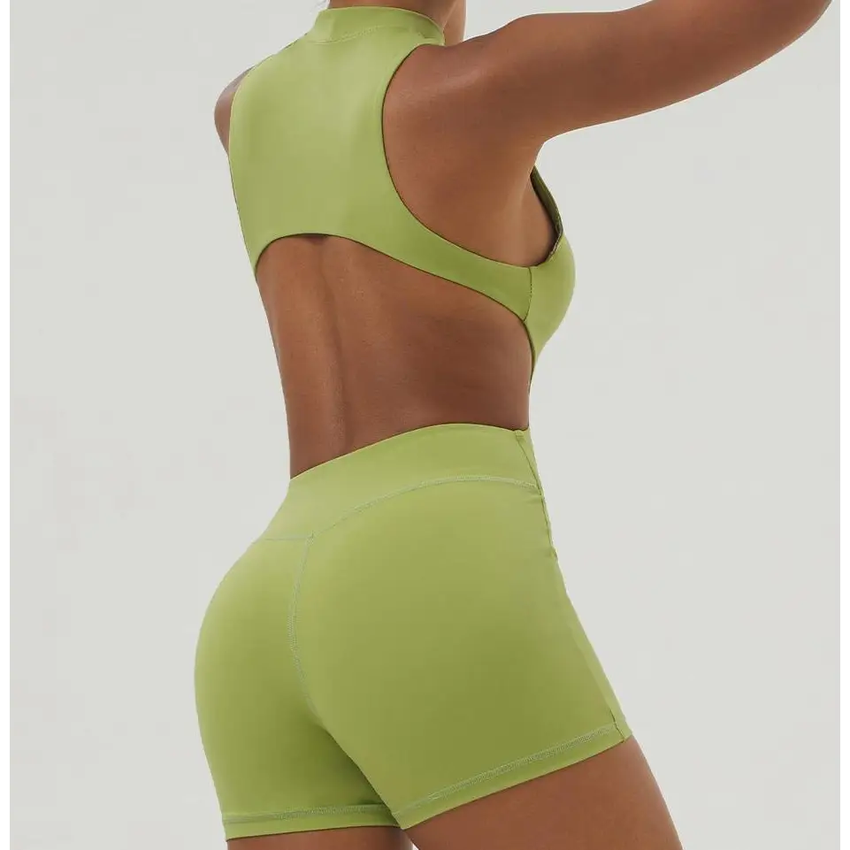 Half Zipper Bare Back Yoga Waist Show Sports Workout Romper - Activewear