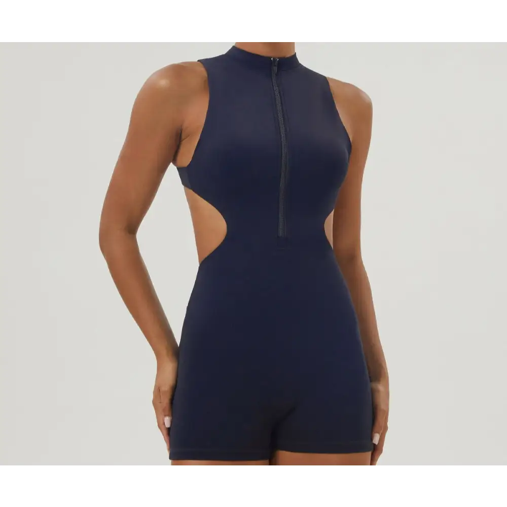 Half Zipper Bare Back Yoga Waist Show Sports Workout Romper - S / purplish blue - Activewear