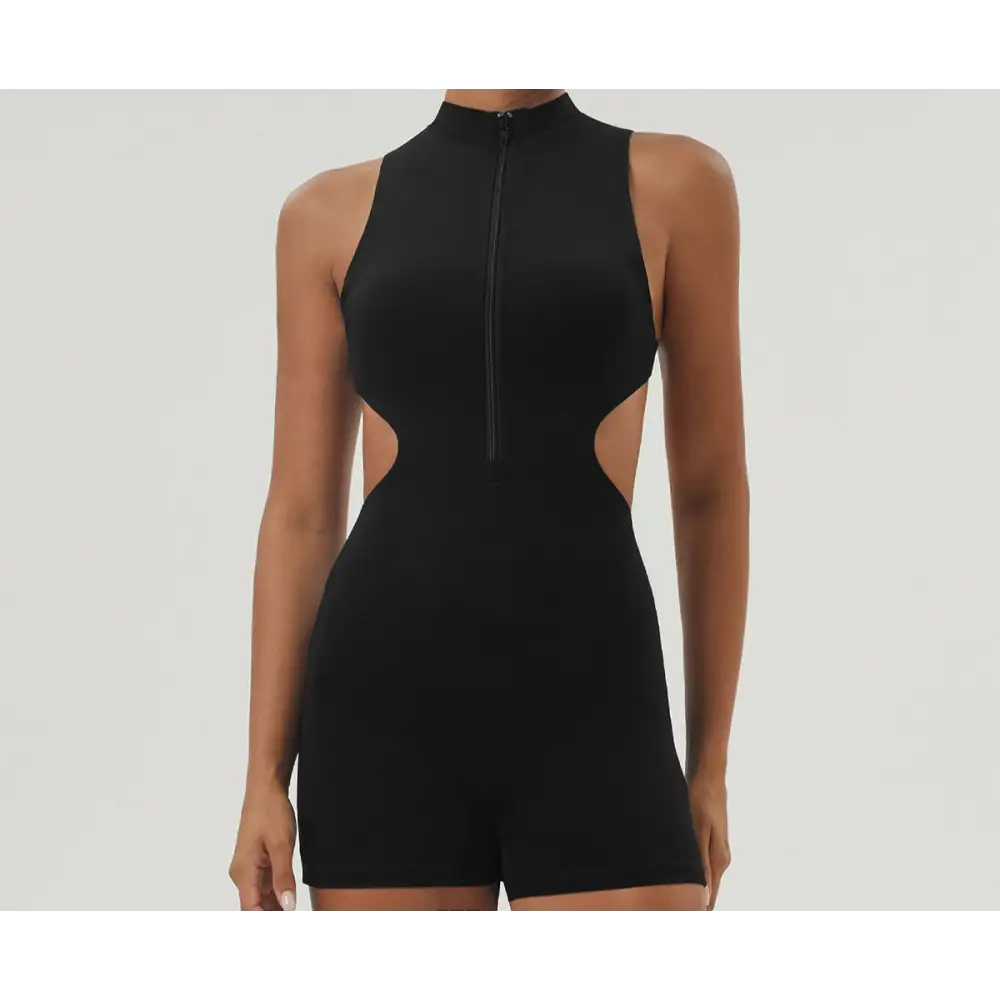 Half Zipper Bare Back Yoga Waist Show Sports Workout Romper - S / Black - Activewear