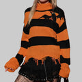 Halloween Bat Embroidered Turtleneck Sweater - S / Orange Striped - Sweaters & Cardigans