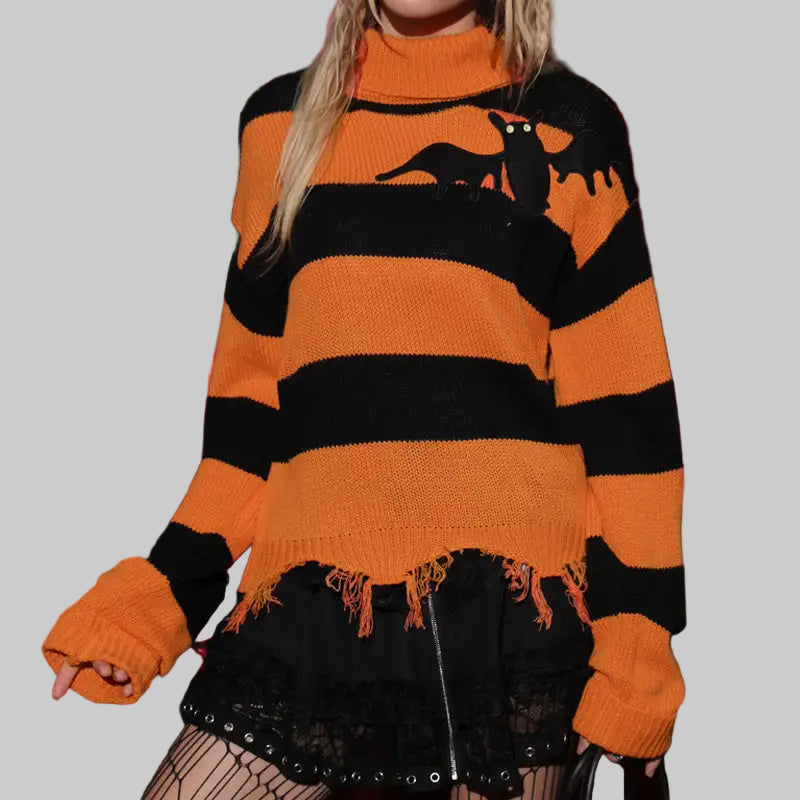Halloween Bat Embroidered Turtleneck Sweater - S / Orange Striped - Sweaters & Cardigans