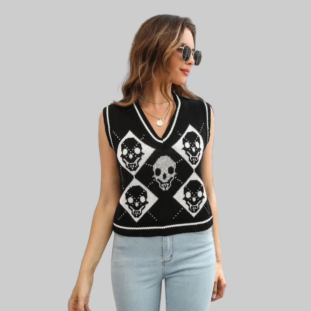 Halloween Skull Jacquard Rhombus Vest Sweater - S / Black - Sweaters & Cardigans