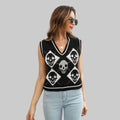Halloween Skull Jacquard Rhombus Vest Sweater - S / Black - Sweaters & Cardigans