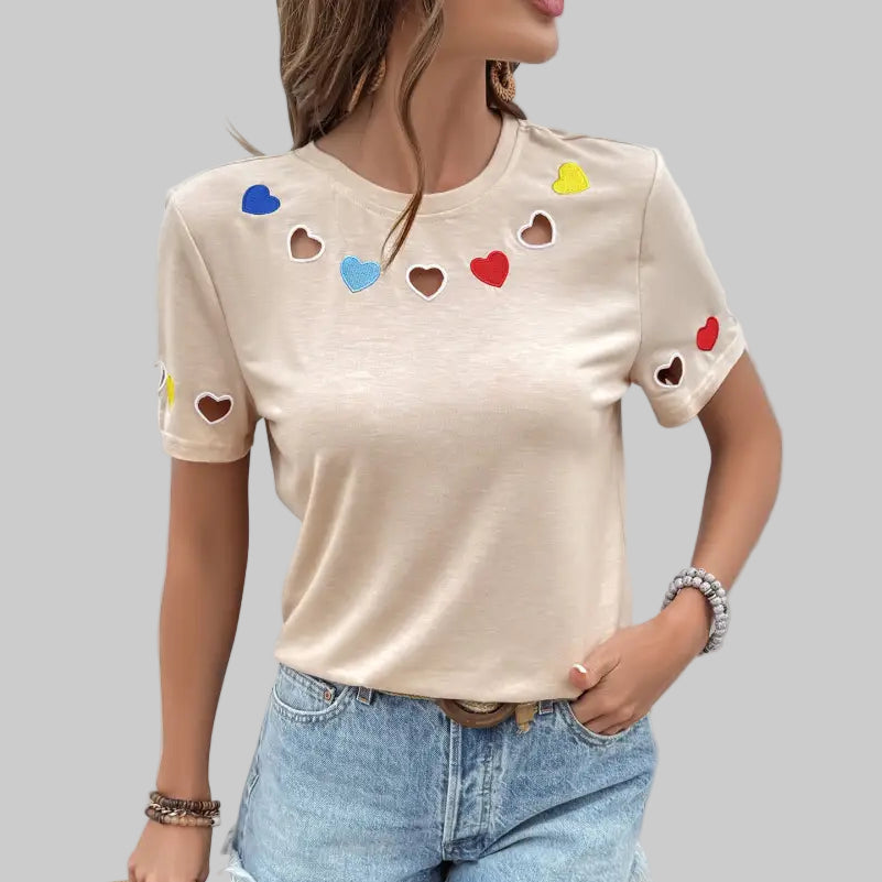 Heart Embroidered Short Sleeve T-shirt - S / Apricot - Shirts & Blouses