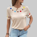 Heart Embroidered Short Sleeve T-shirt - S / Apricot - Shirts & Blouses