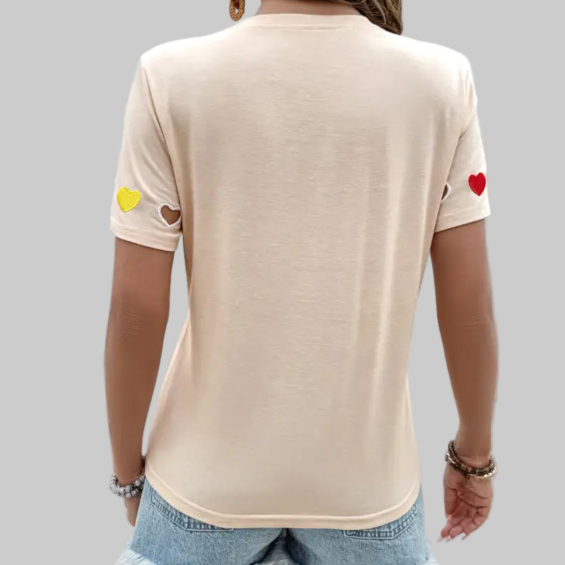 Heart Embroidered Short Sleeve T-shirt - Shirts & Blouses
