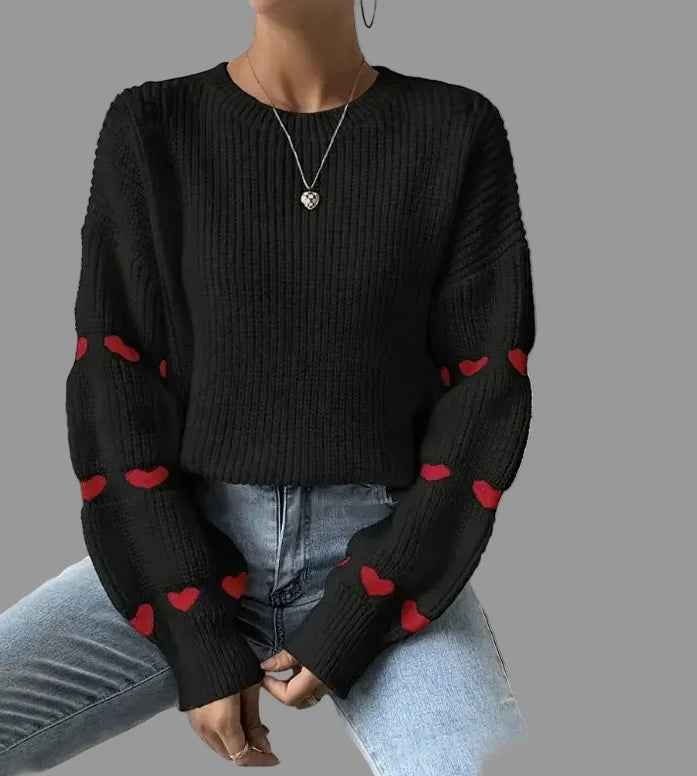 Heart Jacquard Flared Sleeves Sweater - S / Black - Sweaters & Cardigans