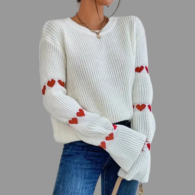 Heart Jacquard Flared Sleeves Sweater - S / White - Sweaters & Cardigans