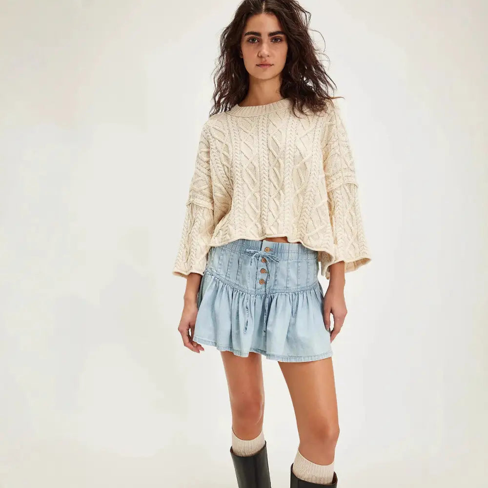 High Waist A-Line Denim Pleated Skirt - Skirts