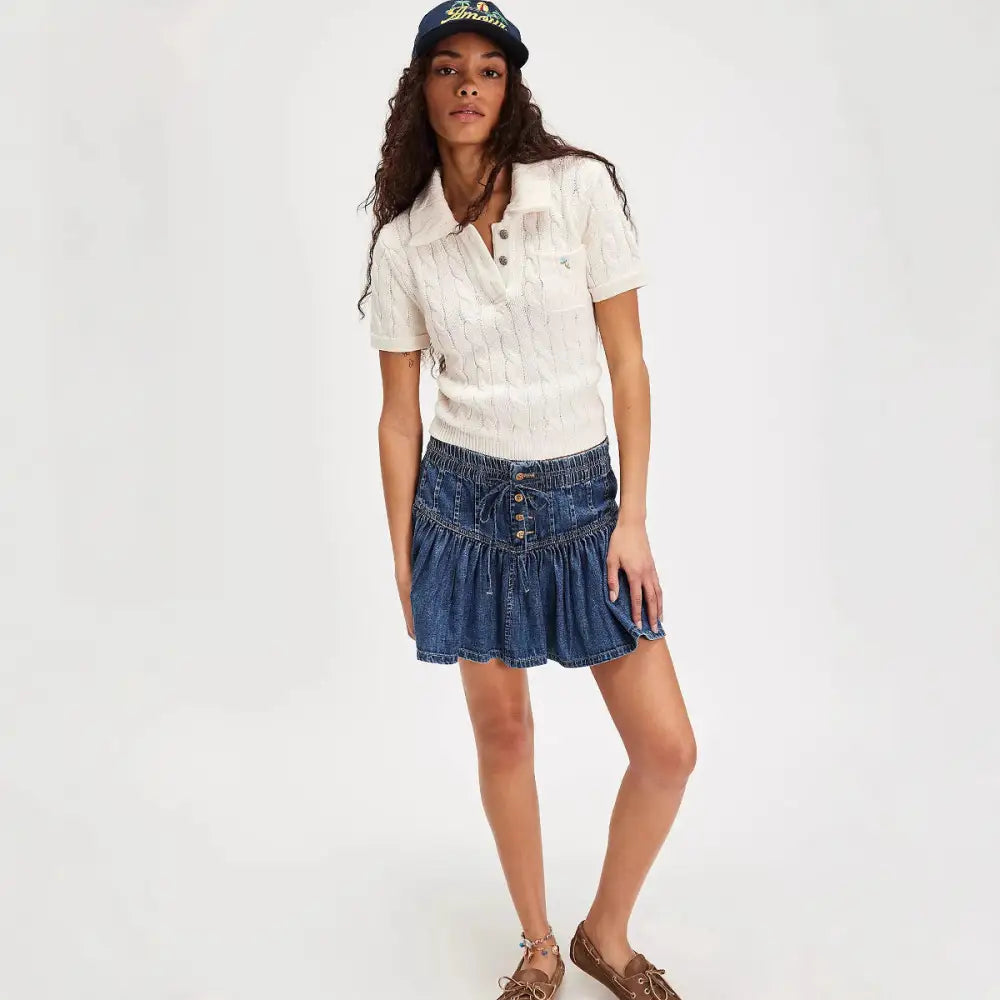 High Waist A-Line Denim Pleated Skirt - Skirts