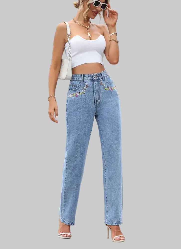 High Waist Embroidered Stars Straight Jeans
