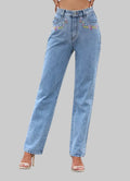High Waist Embroidered Stars Straight Jeans - XS / Light Blue