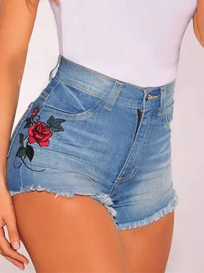 High Waist Slim Fit Side Embroidered Stretch Denim Shorts - S / skyblue