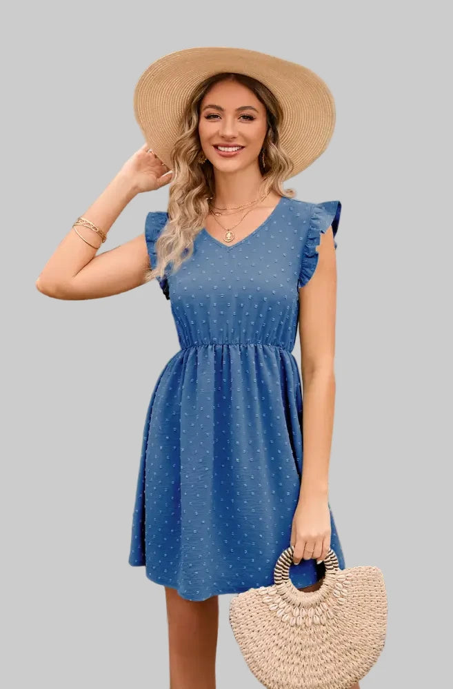 High Waist V-Neck Dress - S / Blue - Dresses