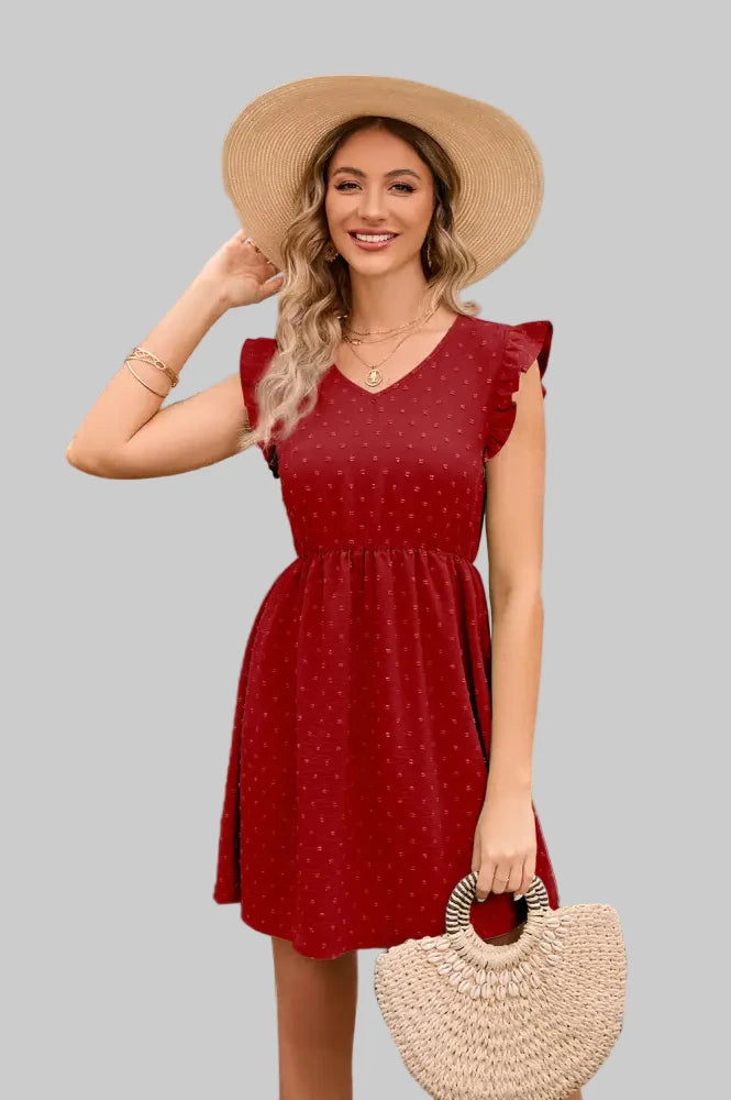 High Waist V-Neck Dress - S / Red - Dresses