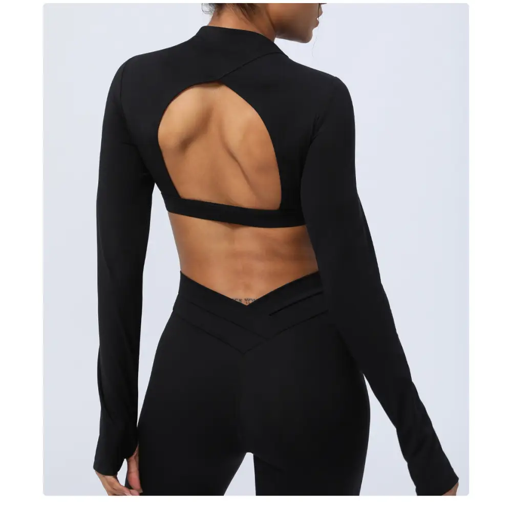 Hollow Cutout Back Yoga Long Sleeves Cropped Sports Top - Activewear