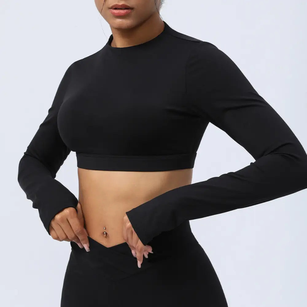 Hollow Cutout Back Yoga Long Sleeves Cropped Sports Top - M / Black - Activewear