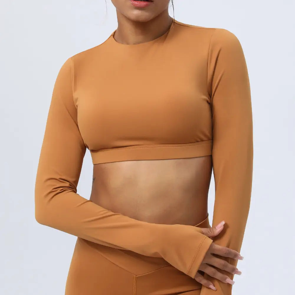 Hollow Cutout Back Yoga Long Sleeves Cropped Sports Top - M / Khaki Brown - Activewear