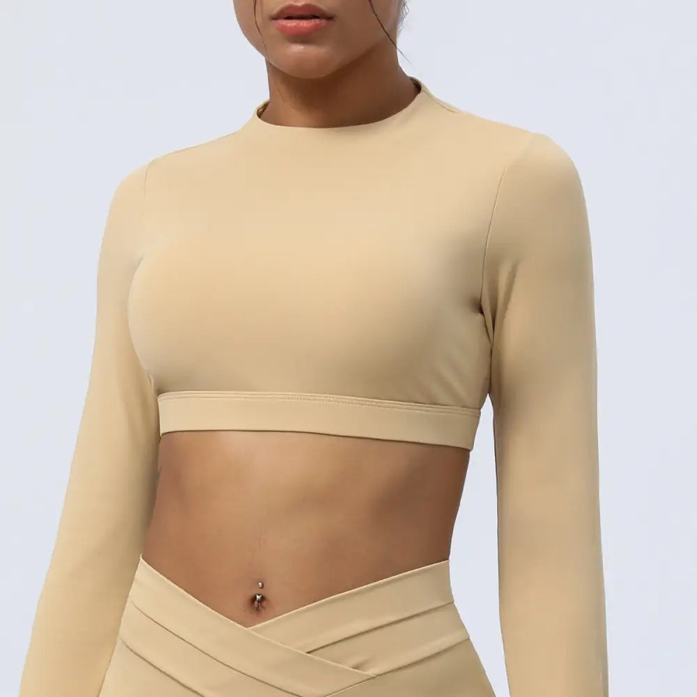 Hollow Cutout Back Yoga Long Sleeves Cropped Sports Top - M / Light Brown - Activewear