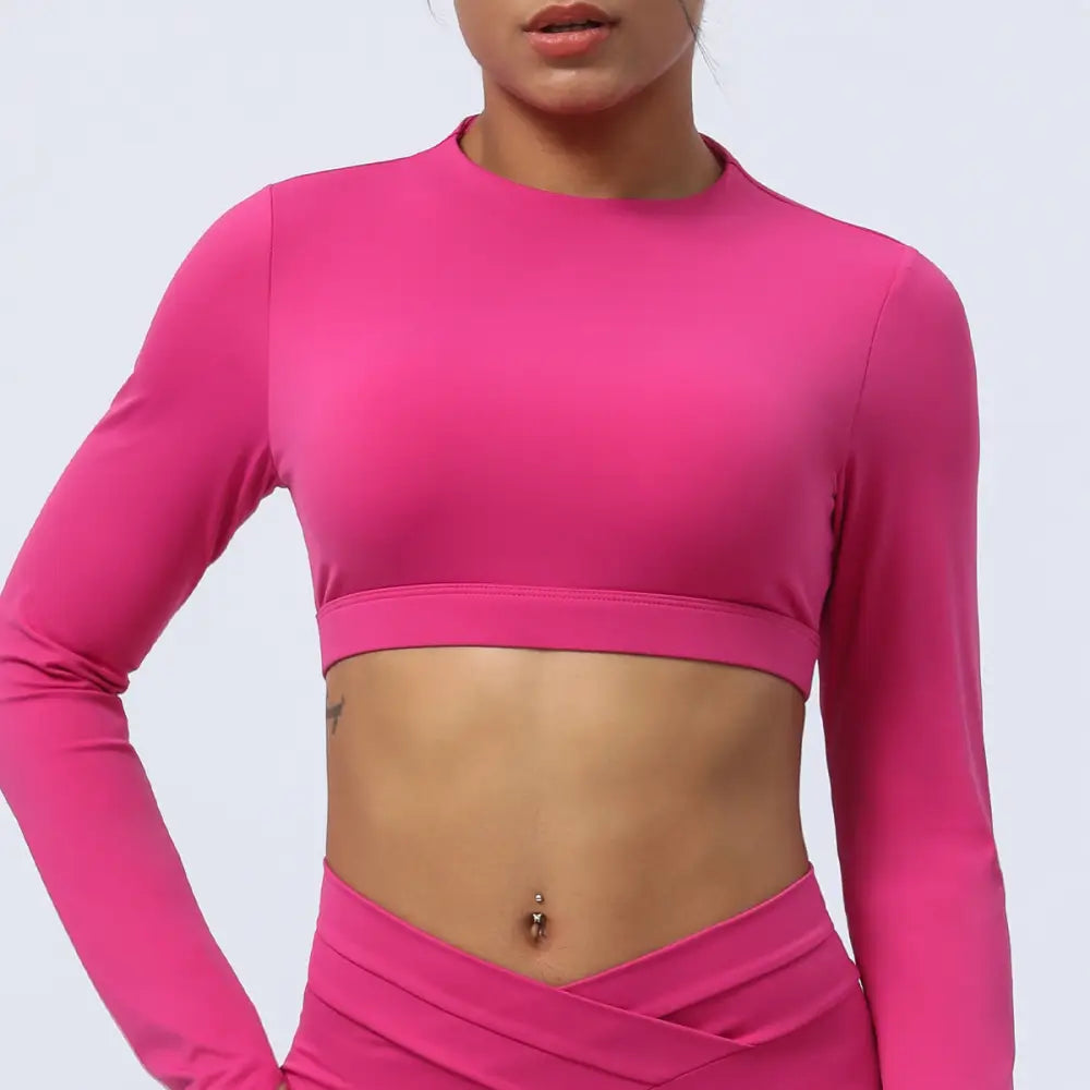 Hollow Cutout Back Yoga Long Sleeves Cropped Sports Top - S / Coral Red - Activewear