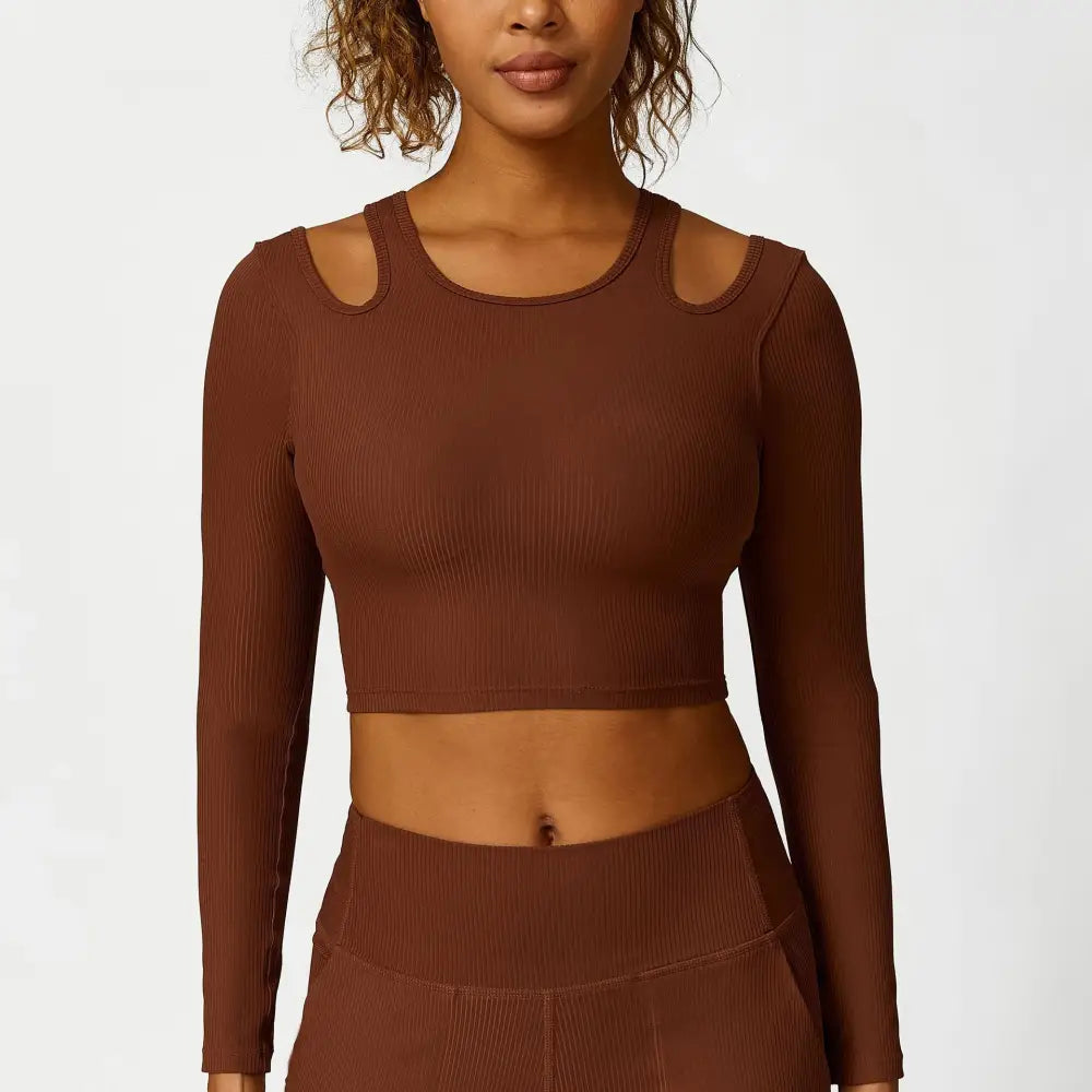 Hollow Cutout Shoulder Strap Long Sleeve Sports Chest Pad Running Fitness Yoga Suit - S / Tan - Activewear
