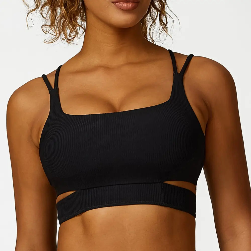 Hollow Cutout Shoulder Strap Long Sleeve Sports Chest Pad Running Fitness Yoga Suit - S / Black Bra - Activewear