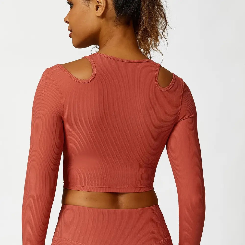 Hollow Cutout Shoulder Strap Long Sleeve Sports Chest Pad Running Fitness Yoga Suit - S / Universe Dust Color