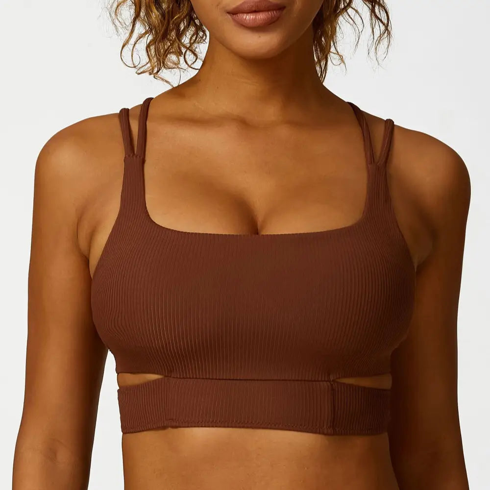 Hollow Cutout Shoulder Strap Long Sleeve Sports Chest Pad Running Fitness Yoga Suit - S / Tan Bra - Activewear