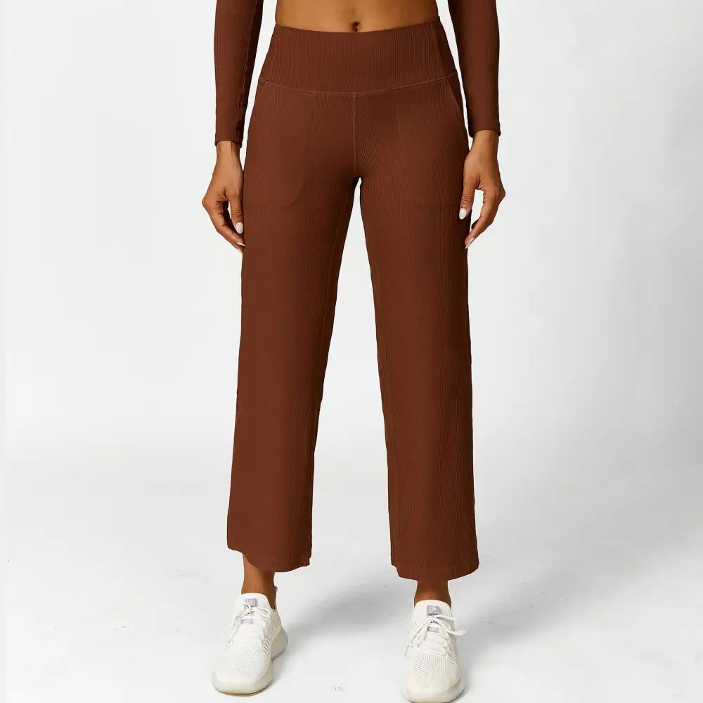 Hollow Cutout Shoulder Strap Long Sleeve Sports Chest Pad Running Fitness Yoga Suit - S / Tan Wide-Leg Pants