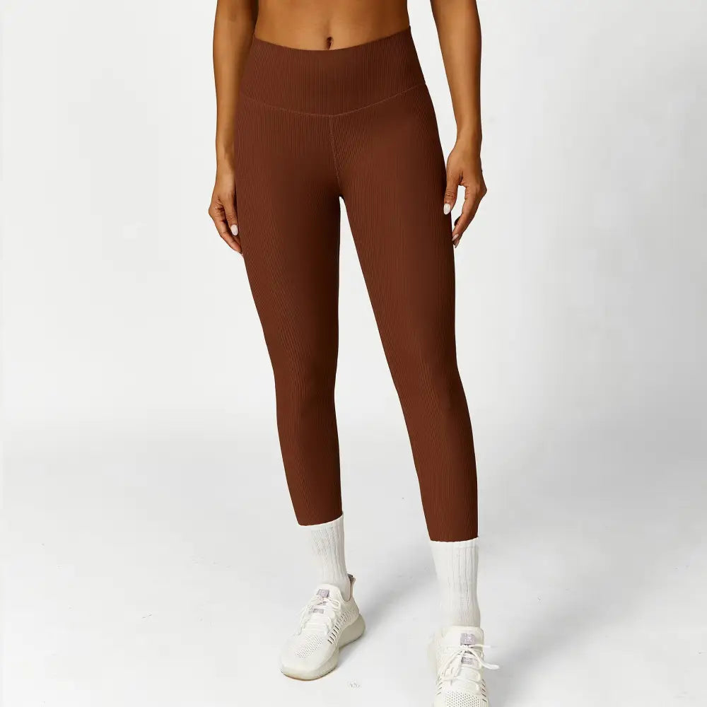 Hollow Cutout Shoulder Strap Long Sleeve Sports Chest Pad Running Fitness Yoga Suit - S / Tan Trousers - Activewear