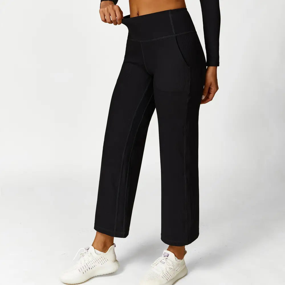 Hollow Cutout Shoulder Strap Long Sleeve Sports Chest Pad Running Fitness Yoga Suit - S / Black Wide Leg Pants