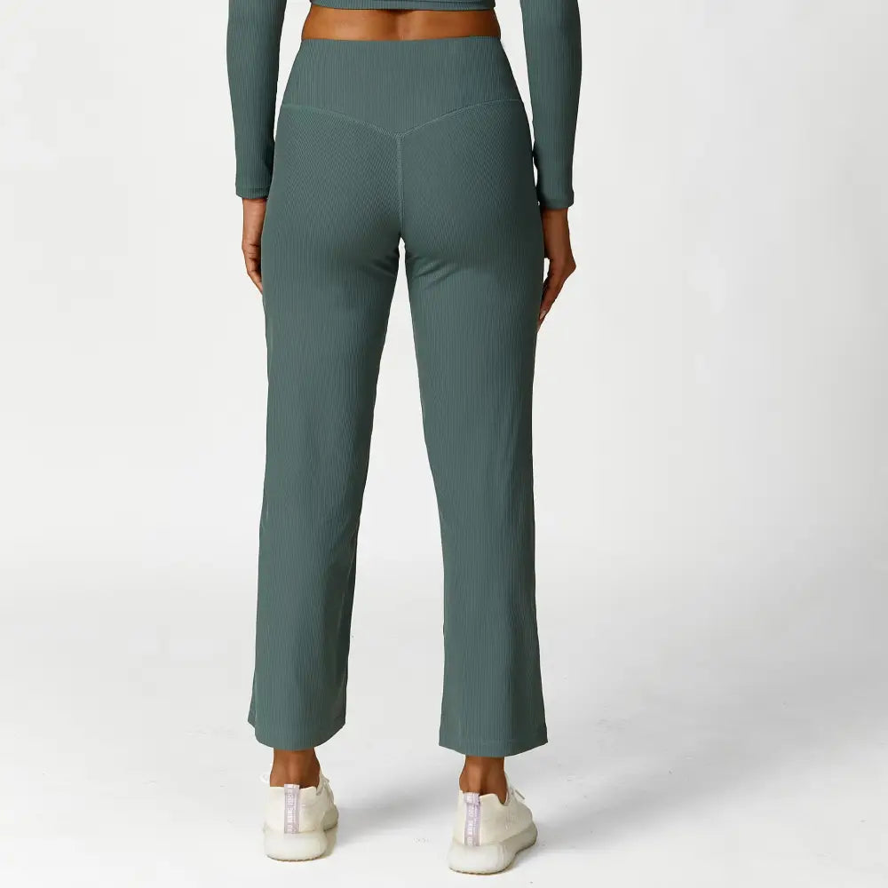 Hollow Cutout Shoulder Strap Long Sleeve Sports Chest Pad Running Fitness Yoga Suit - S / Sage Green Wide Leg Pants