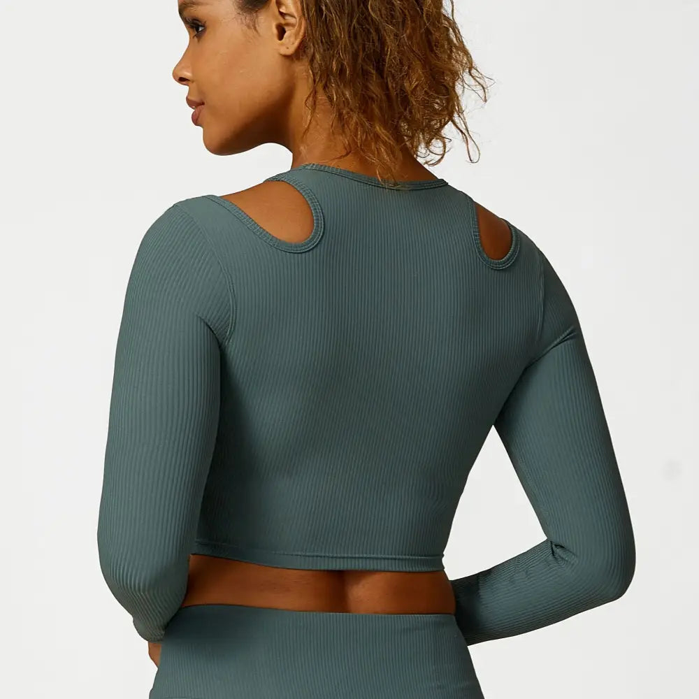 Hollow Cutout Shoulder Strap Long Sleeve Sports Chest Pad Running Fitness Yoga Suit - S / Sage Green - Activewear