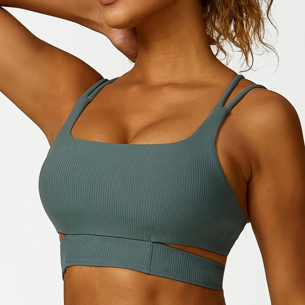 Hollow Cutout Shoulder Strap Long Sleeve Sports Chest Pad Running Fitness Yoga Suit - S / Sage Green Bra - Activewear
