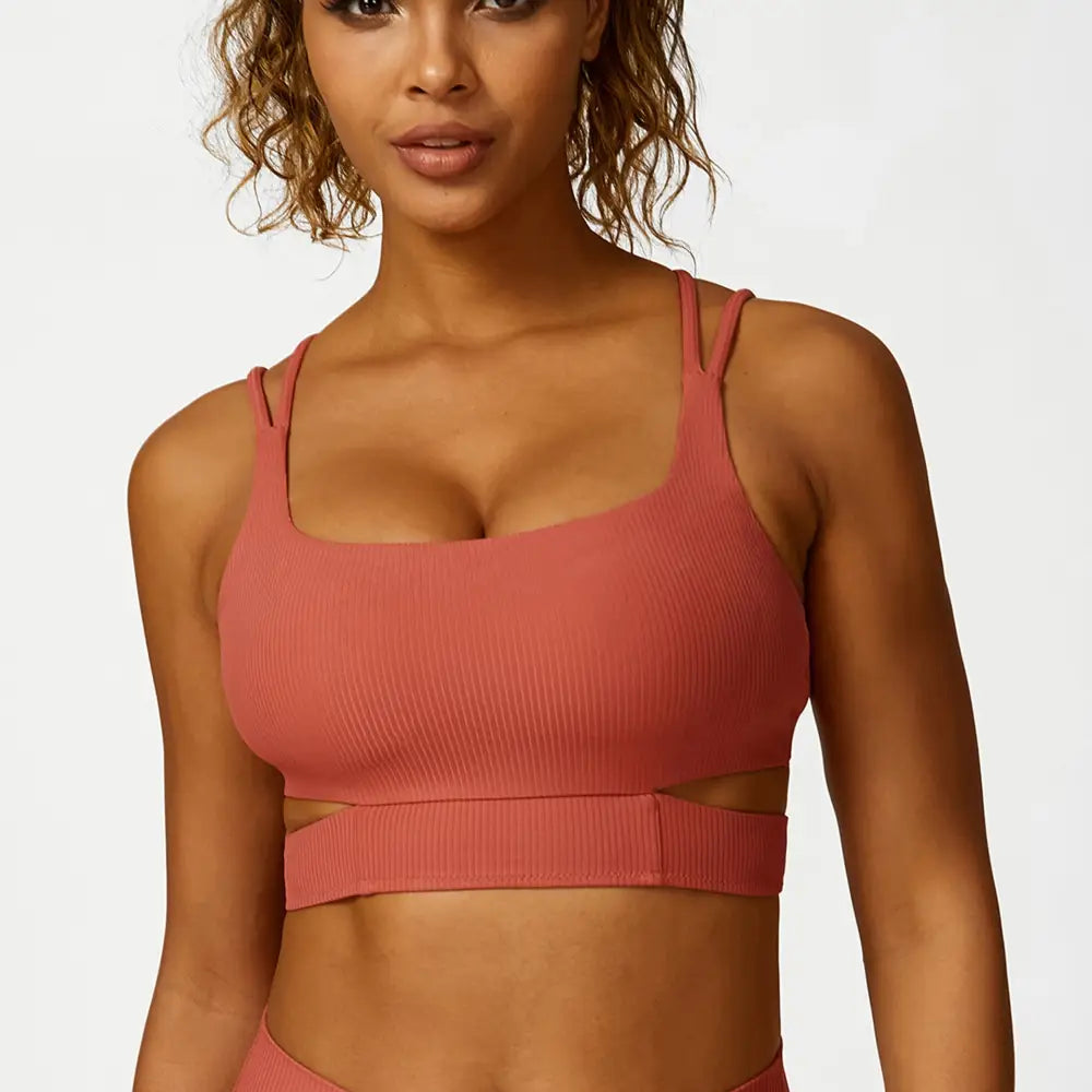 Hollow Cutout Shoulder Strap Long Sleeve Sports Chest Pad Running Fitness Yoga Suit - M / Universe Dust Bra - Activewear
