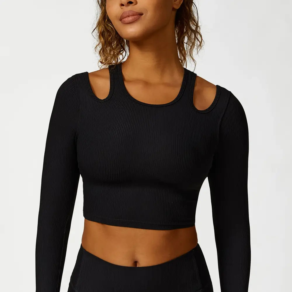 Hollow Cutout Shoulder Strap Long Sleeve Sports Chest Pad Running Fitness Yoga Suit - S / Black - Activewear