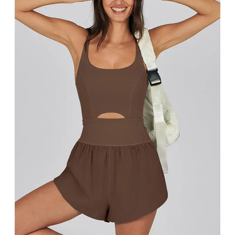 Hollow Cutout Sling Slim High Waist U-Collar Exercise Yoga Romper - S / Coffee - Activewear