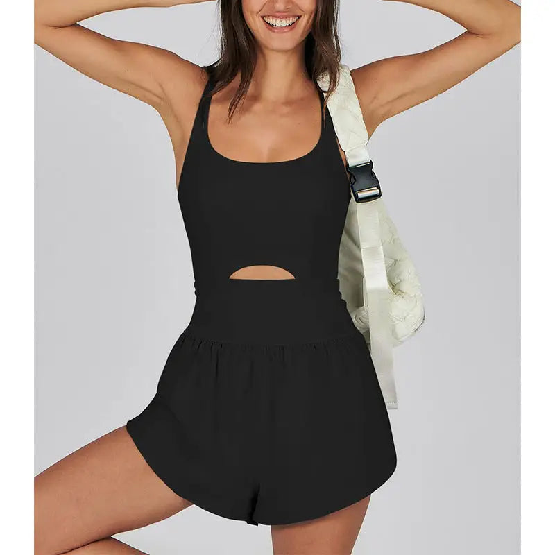 Hollow Cutout Sling Slim High Waist U-Collar Exercise Yoga Romper - S / Black - Activewear
