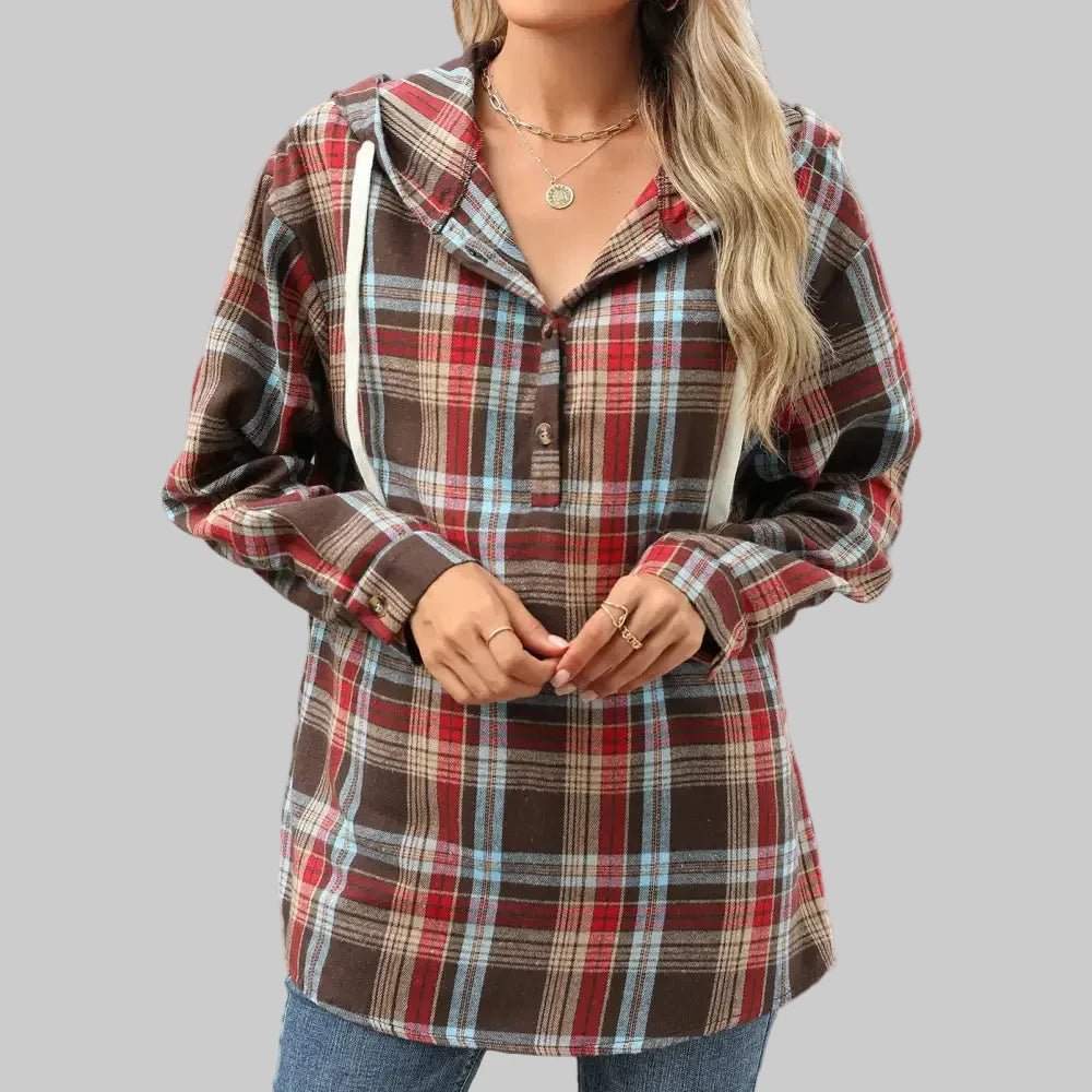 Hooded Button Plaid Sweatshirt - S / Brown - Sweatshirts & Hoodies
