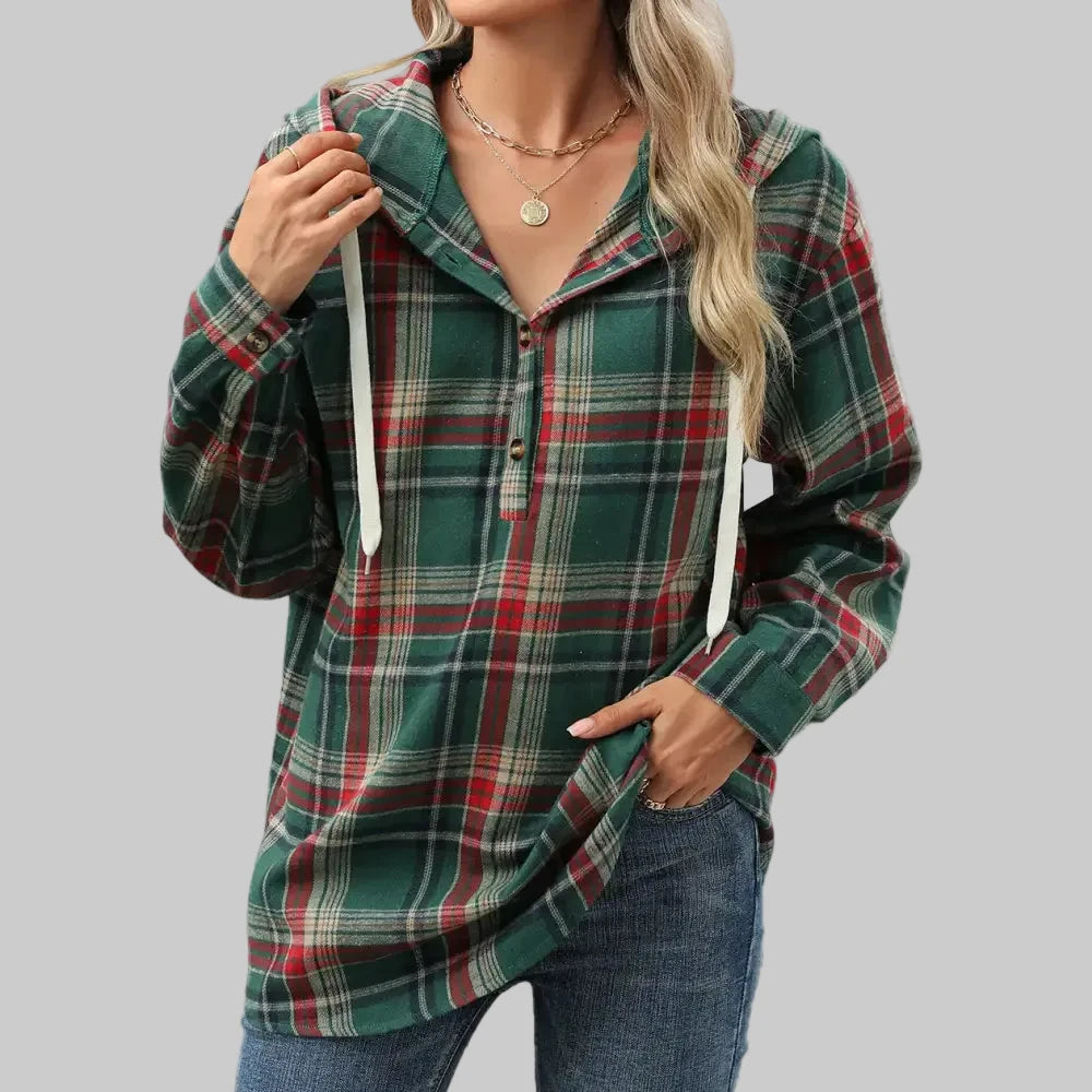 Hooded Button Plaid Sweatshirt - S / Green - Sweatshirts & Hoodies