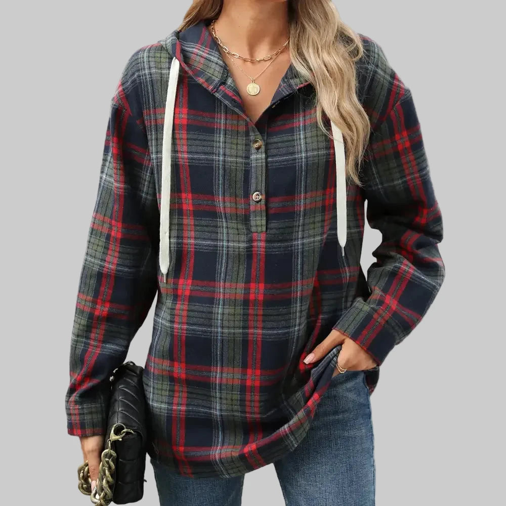 Hooded Button Plaid Sweatshirt - S / Navy Blue - Sweatshirts & Hoodies