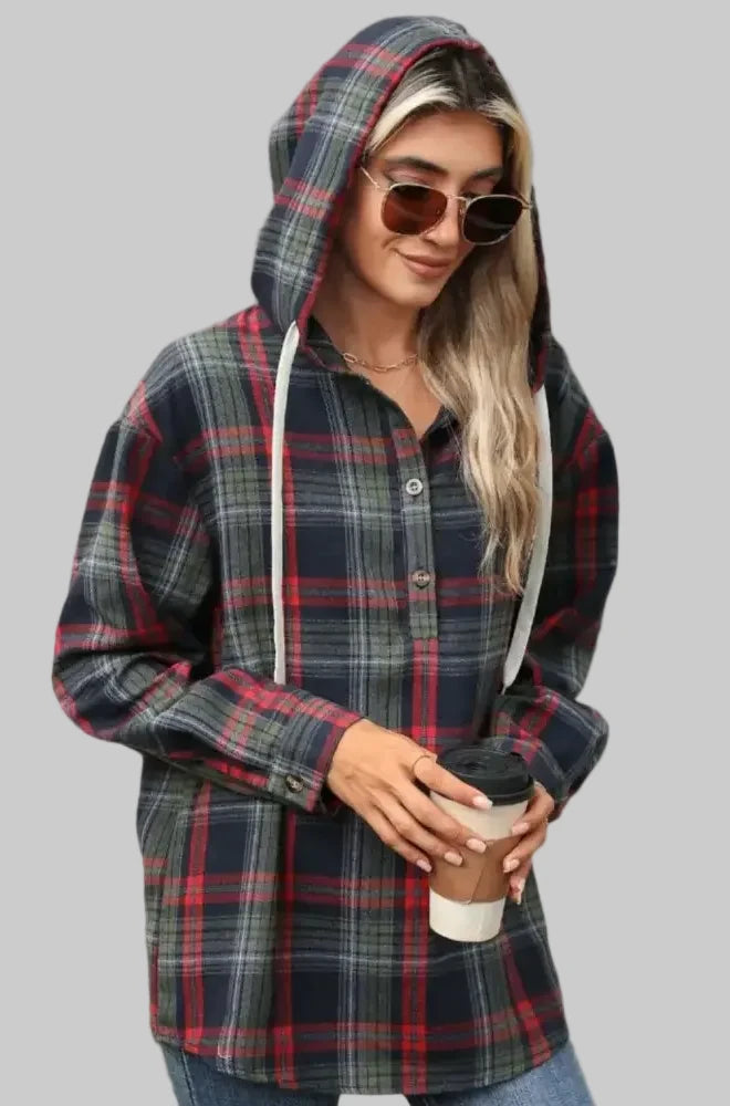 Hooded Button Plaid Sweatshirt - Sweatshirts & Hoodies