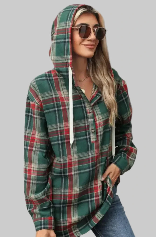 Hooded Button Plaid Sweatshirt - Sweatshirts & Hoodies