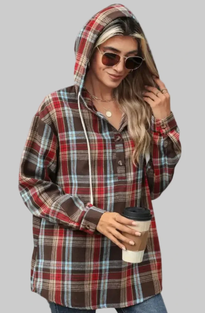 Hooded Button Plaid Sweatshirt - Sweatshirts & Hoodies