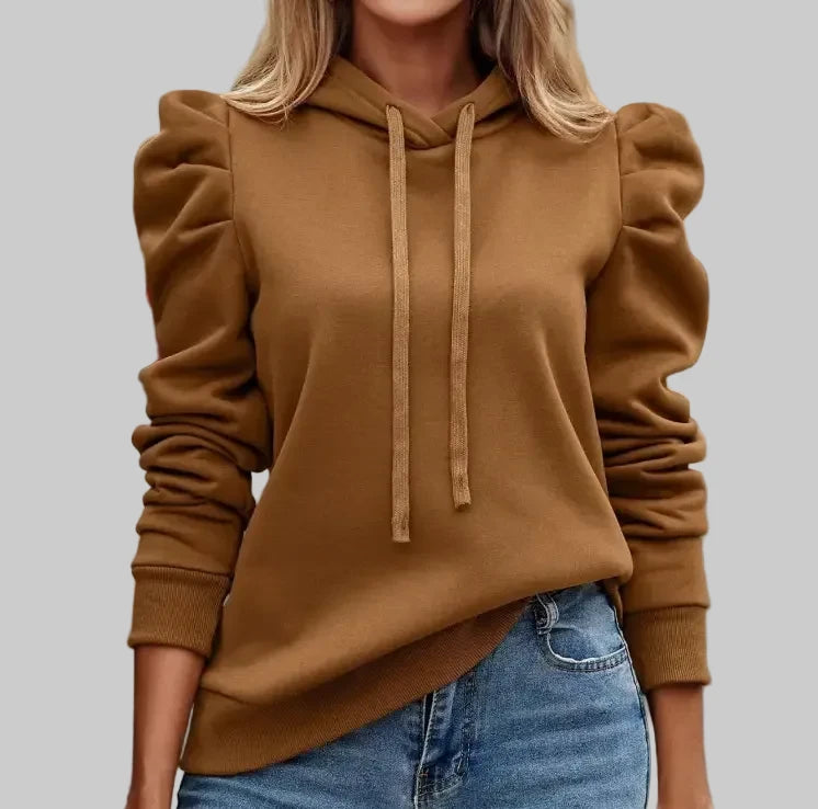 Hooded Long Puff Sleeve Sweater - S / Dark Brown - Sweatshirts & Hoodies