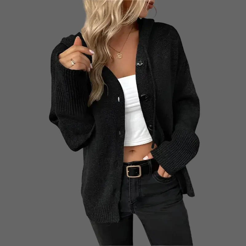 Hooded Single-Breasted Drawstring Knitted Sweater - XL / Black - Sweaters & Cardigans