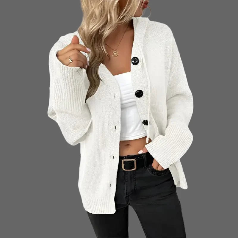 Hooded Single-Breasted Drawstring Knitted Sweater - XL / White - Sweaters & Cardigans